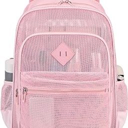 Mesh Backpack Heavy Duty, See Through School Backpack Transparent Bookbag for Swimming, Beach, Sports, Work, Travel, Pink-18