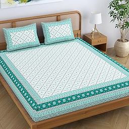 Colorish Cotton Blend Traditional Floral Jaipuri Block Printed Double Bedsheet King Size with 2 Pillow Covers - Turquoise Green-image-100