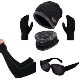 GIFFEMANS Winter Woolen Knit Beanie Cap with Neck Muffler/Neckwarmer, and Sunglasses with Gloves & Neck Muffler Warn | Neck Warmer and Woolen Gloves Set for Men & Women Combo Set of 4-picture-2