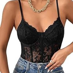 Conighty - Women Lace Lingerie Floral Lace Sheer Mesh Corset Bodysuit Spaghetti Strap Cami Top-image-3