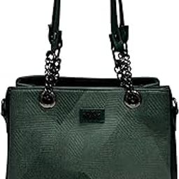 MAK Elegant Dark Green Faux Leather Handbag for Women | Textured Designer Tote with Chain Handles & Detachable Strap-image-34