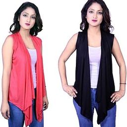 Kanchan World Women High-Low Sleevless Two Color Combo Set of 2 Plain Shrug-image-16