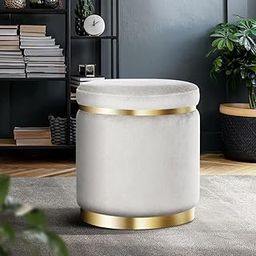 ETIQUETTE ART Velvet Round Dual Strip Ottoman Office Stool Foot Rest Stool Linen Fabric Padded Seat Pouf Ottoman with Round Shape for Living Room (Grey)-image-75