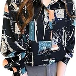 Women's Short Sleeve Drop Shoulder Collared Blouse Button Down Graphic Print Blouse Shirts Top-image-68