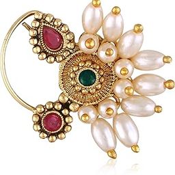 Vivastri's Premium Semicircle Shaped Gold Plated Alloy Made Multi Coloured With RICE Pearl Beaded Nath -VIVA1294NTH-PRESS-MULTI-image-3