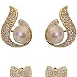 Pack Of 3 Alloy Bow Long Chain Pearl Crystal Swan Drop Earring | Earring For Womens And Girls | Elegance For Every Occasion-0