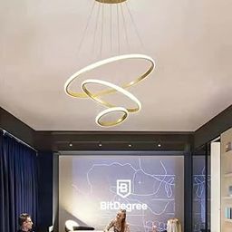 Cruv Modern LED Chandelier, Creative 3 Ring Pendant Lamp with Height-Adjustable Pendant Light, Living Room Chandelier (Golden)-image-24