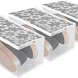 Kuber Industries Shoe Cover | Waterproof Shoe Storage Bag | Travel Shoe Storage Bag | Side Visible Window Shoe Organizer | Shoe Protector Bag | Flower Quilted | Pack of 3 | Gray-image-18