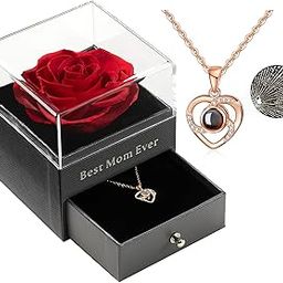 Tiaronics Best Mom Ever Preserved Real Red Rose Drawer Eternal Preserved Red Rose Flower with Necklace 100 Languages Gift, Enchanted Real Rose Flower for Valentine's Day for her (Red)-image-4