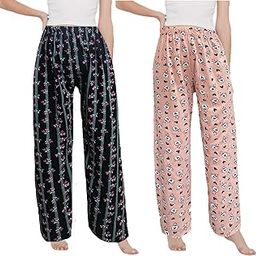 Women's Comfy Pajamas Elastic Stretch Floral Print Long Wide Leg Lounge Pants Combo Of 2 Pack (Colour/Print May Vary)-picture-32