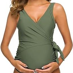 Maternity Swimsuit One Piece Elegant V Neck Pregnancy Swimwear Tie Front Bowknot Bathing Suit Monokini (Army Green, M)-image-22