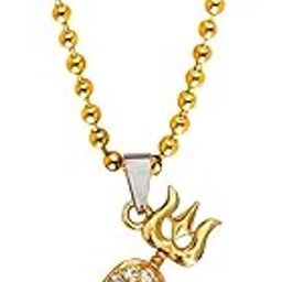 Religious Om Trishul Shivlinga Locket Gold Brass, Cubic Zirconium Crystal Pendant Necklace Chain for Men and Women-image-42