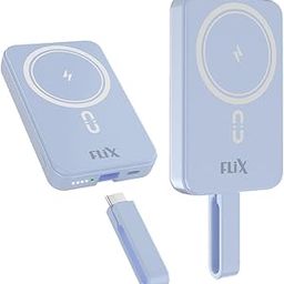 FLiX (Beetel) MagConnect Pro 10k 15W Magnetic Wireless Output,22.5W QC/PD/PPS Pocket Power Bank,Inbuilt Type C & Lightning Reversable Cable Input/Output,LED Display,Perfect for iPhone 12,13,14(Blue)-12