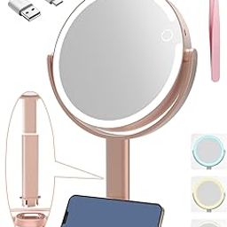 FERXIDI 10x Magnifying Mirror with Light,Double Sided Magnified Mirrors,Rechargeable 3 Color Lights and Adjustable Brightness Vanity Mirror,360° Rotation Detachable for Travel with Tweezer-1