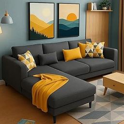 FURNY Mintona 4 Seater Fabric LHS L Shape Sofa Set (Dark Grey)-image-41