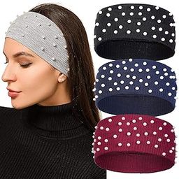 Knitted Headband Winter Ear Warmer - 3Pcs Elastic Knit Ear Warmers with Pearls Winter Hair Band for Women Head Wraps-image-30