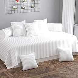 Furnistitchs Plain Stripes Microfiber Diwan Set of 8 Pieces, (1 Single Bedsheet, 5 Cushions Covers and 2 Bolster Covers, 150 x 230 cm, White)-28