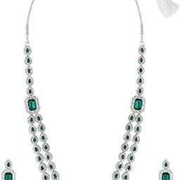 Green Stones Dazzling Austrian Diamonds Contemporary Layered Necklace and Earring Set For Women-ZPFK19785-27