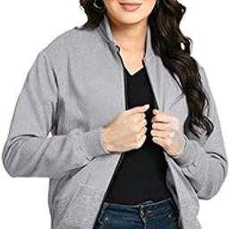 Women's Standard Length Casual Jacket For Loose Fit Drop Shoulder Loopknit Bomber Jacket With Zipper Closure And Side Pockets(color : Grey)-23