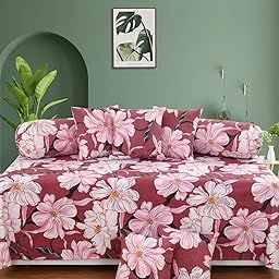 Premium 200 TC diwan Set for Living Room, diwan Set Covers Glace Cotton, diwan Set 8 Pieces (1 Single Bedsheet, 5 Quilted Cushion Covers, 2 Bolster Covers) (Color- Rose & Pink) Flower-image-21