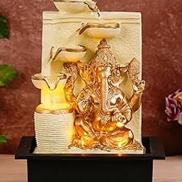 Polyresin White Golden Ganesha Idol Tabletop Indoor 4 Diya Steps Water Fountain for Home Decor with Yellow LED Light & Speed Controller Pump-image-98