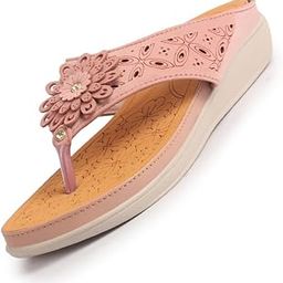 Women Floral Design Orthopedic Cushioned Wedge Thong Slippers| Slip-On Open Toe Comfort Sandals for Casual, Daily Office Work Wear-image-106