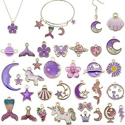 MAYCREATE® 31Pcs Gold Plated Enamel Pendants Set Necklace Bracelet Charms for DIY Jewelry Making Charms and Crafting, Unicorn Moon Star Flower Fish Shell Pendant Kit (Purple)-19