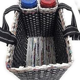 Sonas Creation Paperus, Black Check, Large, Lunch Bag with 2 Water Bottle Holders, Picnic Basket, Travel Bag, Eco-Friendly, Handmade, of Paper Ropes, Length 14”, Height 11” & 7 Inch Broad Base-image-62