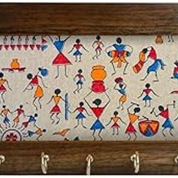 Decorative Wooden Key Holder with Warli Art Print, 7 Hooks, 30 x 15 cm-image-21
