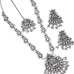 Brand Traditional Silver Oxidised Jewellery Set for Women – Antique Long Necklace with Matching Earrings, Ethnic Indian Tribal Design for Weddings Set-image-57
