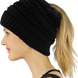 LEECCO Chic Black Knit Hat Cable Beanie Stretch Chunky Winter Bun Ponytail Beanie Tail Womens Ponytail Messy Bun Beanie Solid Ribbed Hat Cap for Women Girls-image-71