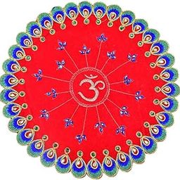 Bijasan craft Small Size Embroidered Red Om Velvet Embroidery & Stone Work 12×12 Inches God Idol Seating Pooja Mat/Aasan Cloth for Mandir Use-16