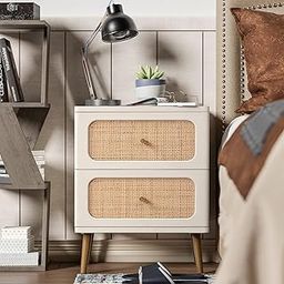 Quick Artsy Wicker Rattan Nightstand, White Finish Side Table for Small Spaces, Modern Farmhouse Wooden Bedside Table, Boho Mid-Century Coastal Storage Cabinet (2-Drawer / 1 Pack)-25