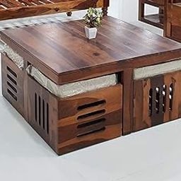 Custom Decor Solid Sheesham Wood Coffee Table with 4 Stools | Center Table for Living Room with Cushioned Stools | Teapoy for Living Room (Modern, 4 Stools)-image-59