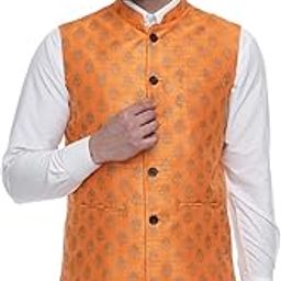Orange Jacquard Printed Silk Nehru Jacket (orange)-13