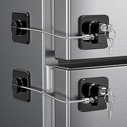 Child Safety Device Refrigerator Door Lock with Key and Adhesives, Cabinet Restrictor Cable for Baby and Toddler, Lock for Cupboards, Drawers, Fridge, Wardrobe, Black, Pack of 2-1