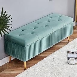 Tuffted Flip Top Storage Bench Storage Ottoman Bench livingroom with Gold Legs, Velvet Upholstered, (Sky Blue)-image-87