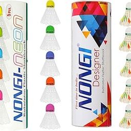 NONGI Combo Shuttle Pack of 10 Shuttlecocks NEOn (5 Multicolored Cork Plastic),Designer D6(5 Designer Feather Shuttle) for Outdoor Indoor Badminton Sports-image-96