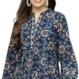 Women's Floral Print Long Sleeve Tunic Top, Navy Blue with Multi-Colour Pattern, V-Neck-image-60