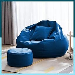 ComfyBean Faux Leather Bag with Beans Filled XXXL Bean Bag Comfy Originals-Bean Bag with Cushion and Footrest-Official:Beanelysium Range-Comfort Level:Basic-(Matching Cushion Round:Blue)-4