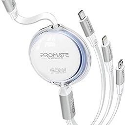 Promate TrioCord-R, 3-In-1 Multi-Connector Retractable Cord With USB-C, Lightning, and Micro-USB Heads, Transparent Circular Case, PD60W Fast Charging, 480Mbps Data Transfer-White-15