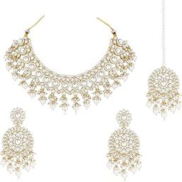 Gold Plated Maroon Kundan & Beads Studded Choker Necklace Dangle Earrings & Maangtikka Set Ethnic Jewellery for Women-image-53