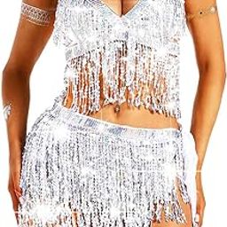 GORTIN Belly Dance Fringe Skirt Bra Top Boho Sequin Tassel Hip Skirt Hip Scarf Halloween Rave Party Costume for Women, Silver, 1 Count (Pack of 1)-image-1