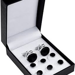 Black Silver Tuxedo Studs and Cufflinks Set, Mens Cufflinks and Cuff Studs Set Cuff Links Stainless Steel Tux Buttons with Box for Tuxedo Shirts Wedding Business Gift-5