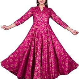 VRSS Enterprises Traditional Printed Anarkali Gown, Pink Floral Pattern, Full Length, Long Sleeves-image-82