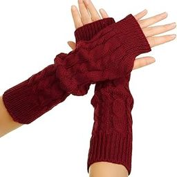 Women Cable Knit Arm Warmers Fingerless Gloves Thumb Hole Gloves Mittens home traveling office Gloves Mittens for Typing Driving Cosplay Mittens Winter Warm Fashionable(1 pair)(Grey maroon)-image-53