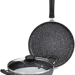 Amazon Brand - Solimo Aluminium 3 Piece Non-Stick Cookware Set|Granite Finish|Induction Base|Pfoa Free|High Temperature Resistant Exterior Coating|25 Cm Tawa,22 Cm Kadai,1 Glass Lid|Grey-14