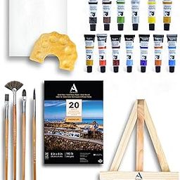 ArtRight 39 Pcs Painting Kit for Beginners & Kids with 4 Paint Brushes - Mini Wooden Easel with Canvas - 20 A5 Watercolor Papers - Mini Painting Palette - Artists Color Set of 12-1
