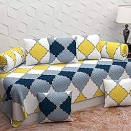 VIPHA Heavy Cotton 8 Pieces Diwan Set ||1 Single Bedsheet, 2 Bolster Covers, 5 Cushion Covers || Blue/Yellow Box-image-87
