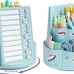 Parssufy Multifuntional 360 Degree Rotating Pen Holder for Desk Pencil Organizer|Student Self Discipline Board with 7 Compartments an Random Stickers,13 Sheets Chore Chart (Blue)-image-1